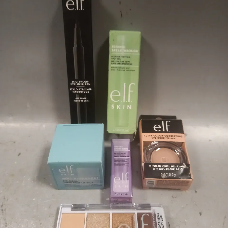 6 ASSORTED E.L.F PRODUCTS TO INCLUDE EYE CREAM, FIGHTING SPOT GEL, EYESHADOW, ETC 