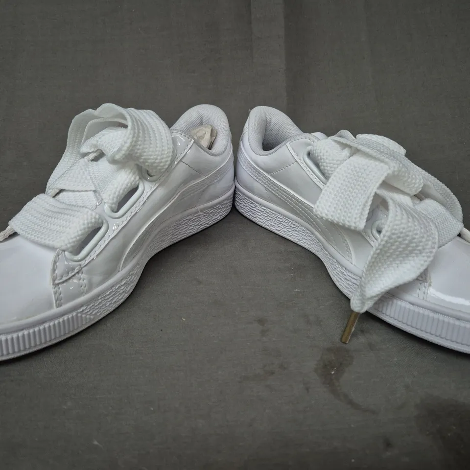 BOXED PAIR OF PUMA WOMEN'S BASKET HEART PATENT SHOES IN WHITE UK SIZE 3