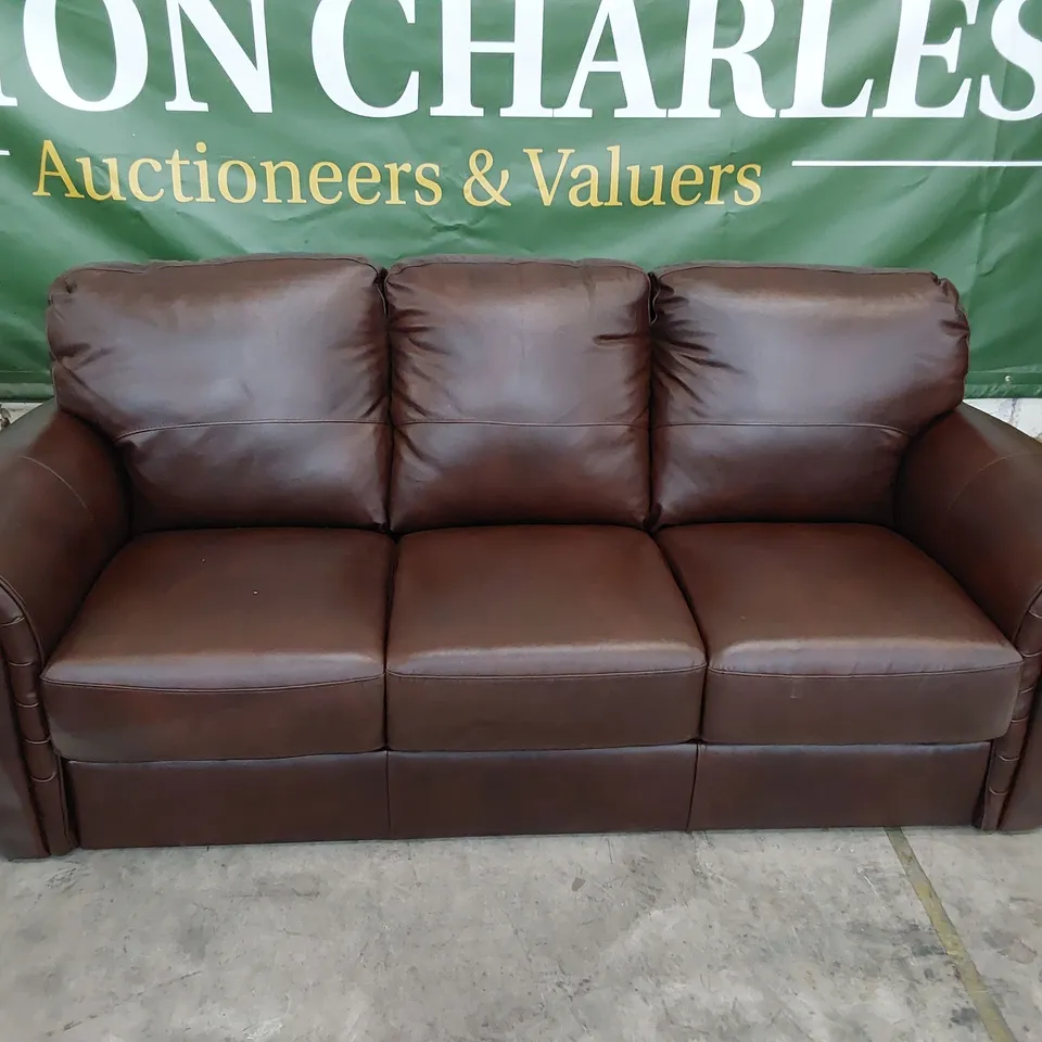 DESIGNER THREE SEATER SCROLL ARM SOFA CHESTNUT LEATHER 