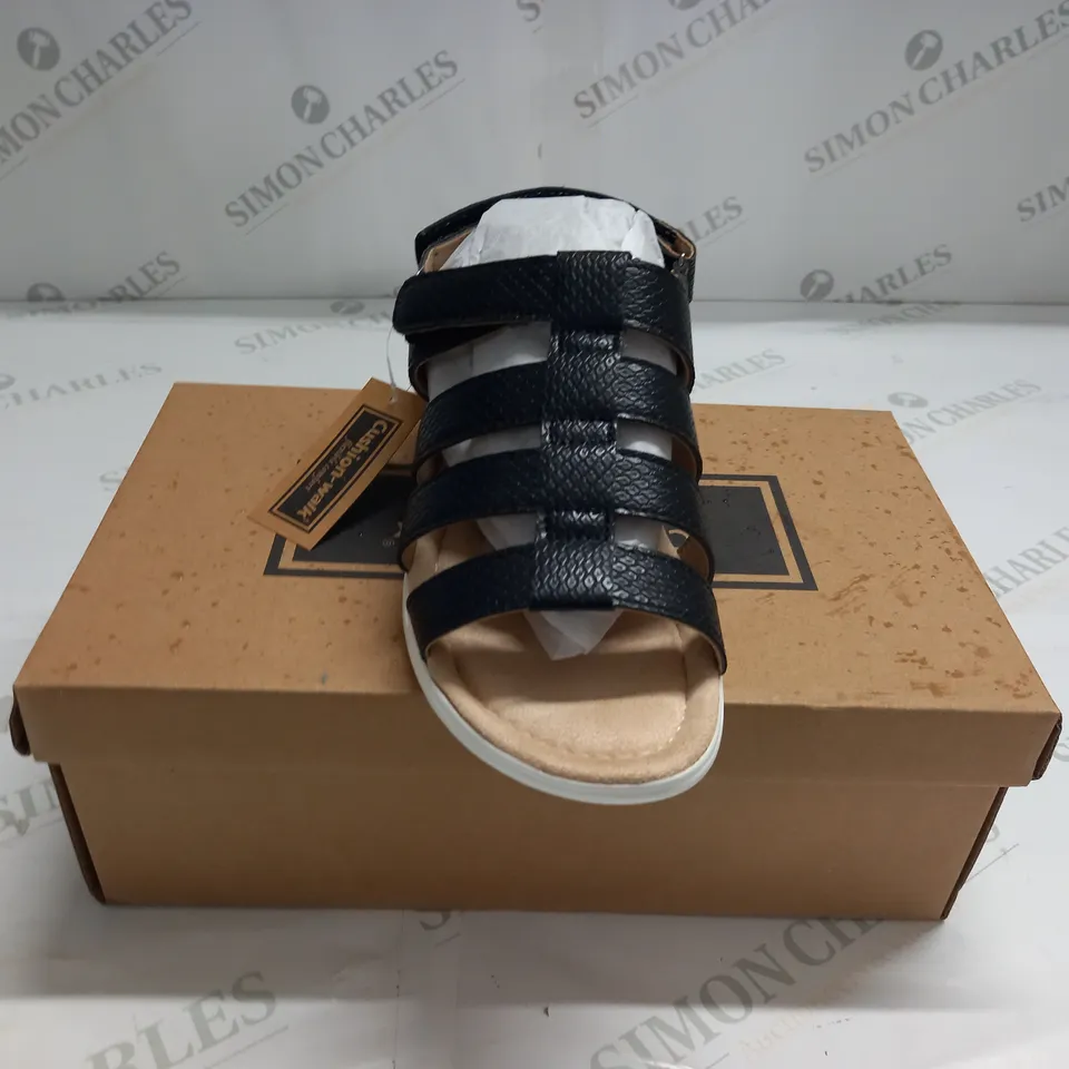 BOXED PAIR OF CUSHION WALK STRAPPY BLACK SANDALS - SIZE 4