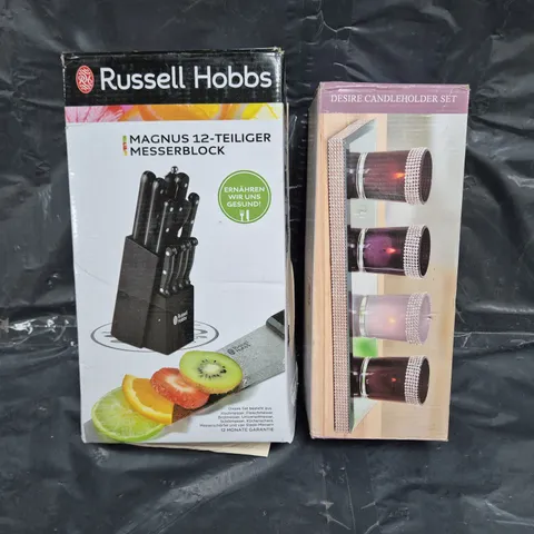 BOX OF APPROXIMATELY 8 ASSORTED HOUSEHOLD ITEMS TO INCLUDE DESIRE CANDLEHOLDER SET, RUSSELL HOBBS KNIFE BLOCK, ETC - COLLECTION ONLY
