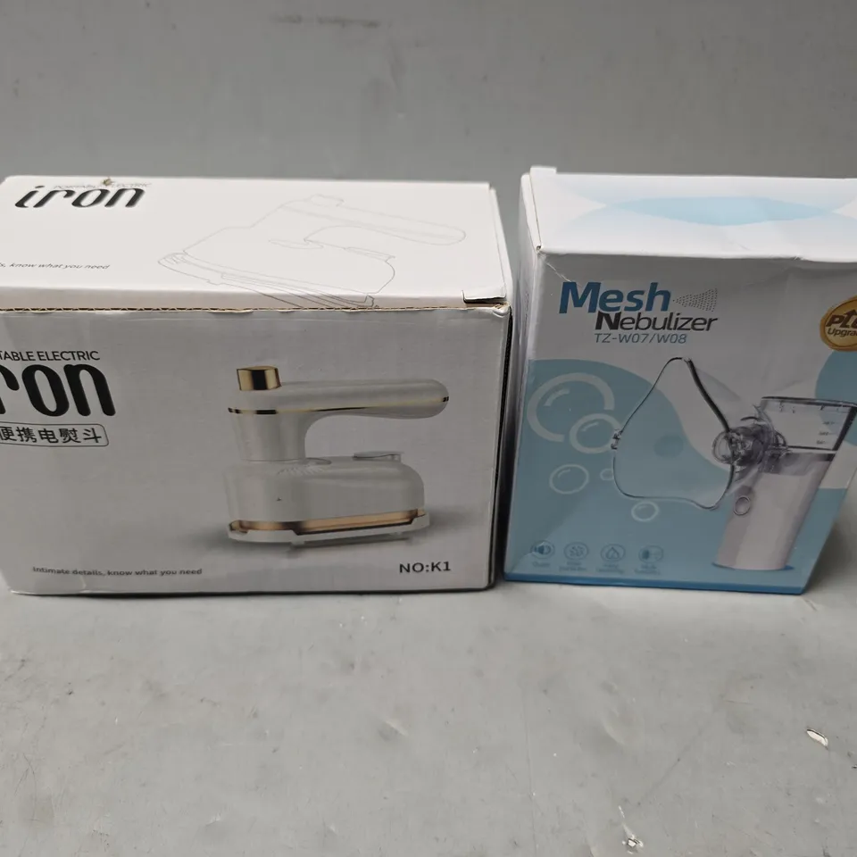 APPROXIMATELY 8 ASSORTED ITEMS TO INCLUDE - PORTABLE ELETRIC IRON , MESH NEBULIZER 