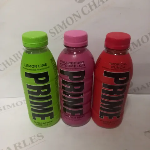 LOT OF 3 PRIME HYDRATION DRINKS TO INCLUDE LEMON LIME, STRAWBERRY WATERMELON & TROPICAL PUNCH