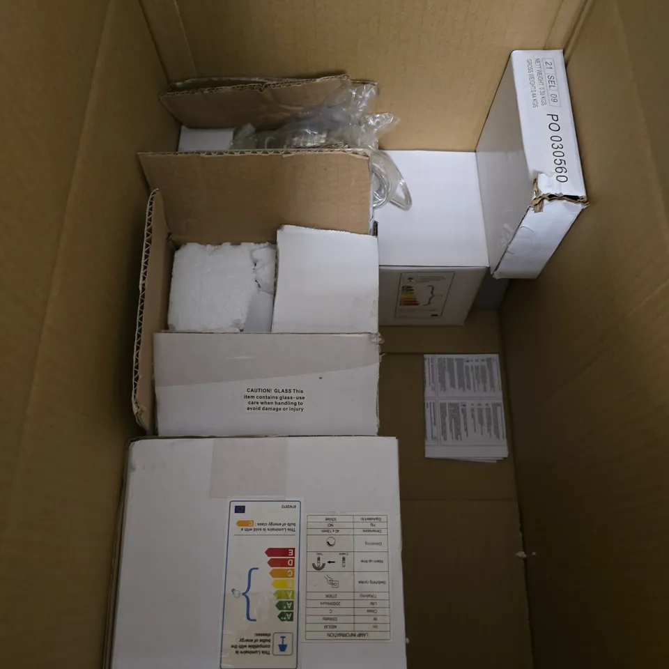 BOX OF APPROXIMATELY 8 ASSORTED LIGHTING FIXTURES IN VARIOUS DESIGNS AND COLOURS