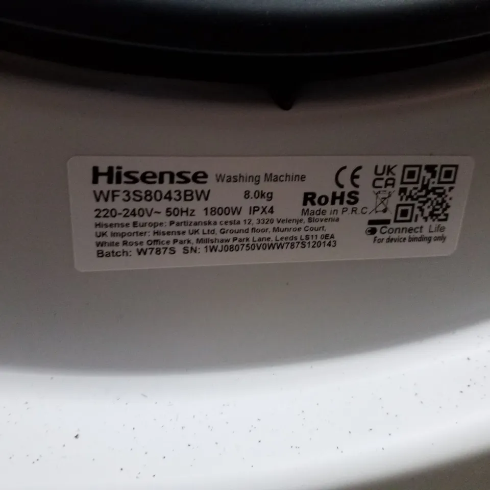 HISENSE 3S SERIES WF3S8043BW 8KG LOAD, 1400 SPIN STEAM WASHING MACHINE - WHITE - A RATED
