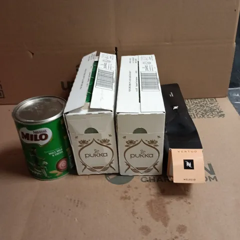 LOT OF 4 DRINKS ITEMS TO INCLUDE NESPRESSO COFFEE PODS, PUKKA TEA NESTLE MALT, MILK AND COCOA POWDER