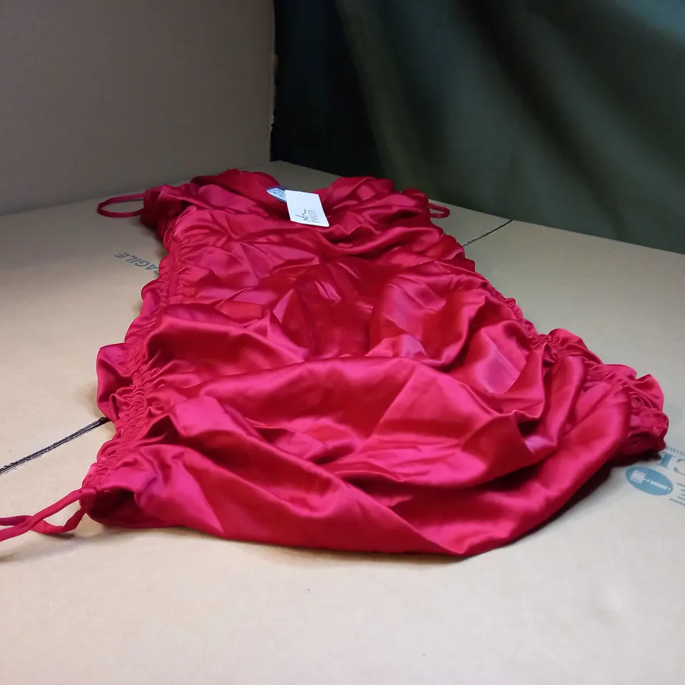 OH POLLY RED SATIN RUCHED STATEMENT MINI DRESS - SIZE 12