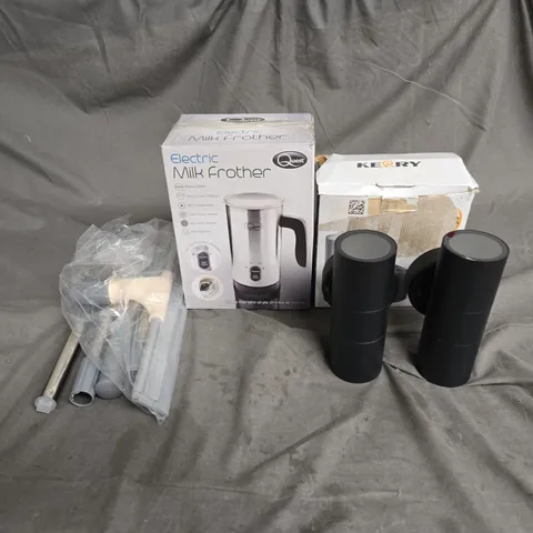 BOX OF APPROXIMATELY 12 ASSORTED HOUSEHOLD ITEMS TO INCLUDE - MILK FROTHER - WALL LIGHTS - SQUEEGEE - ETC - COLLECTION ONLY
