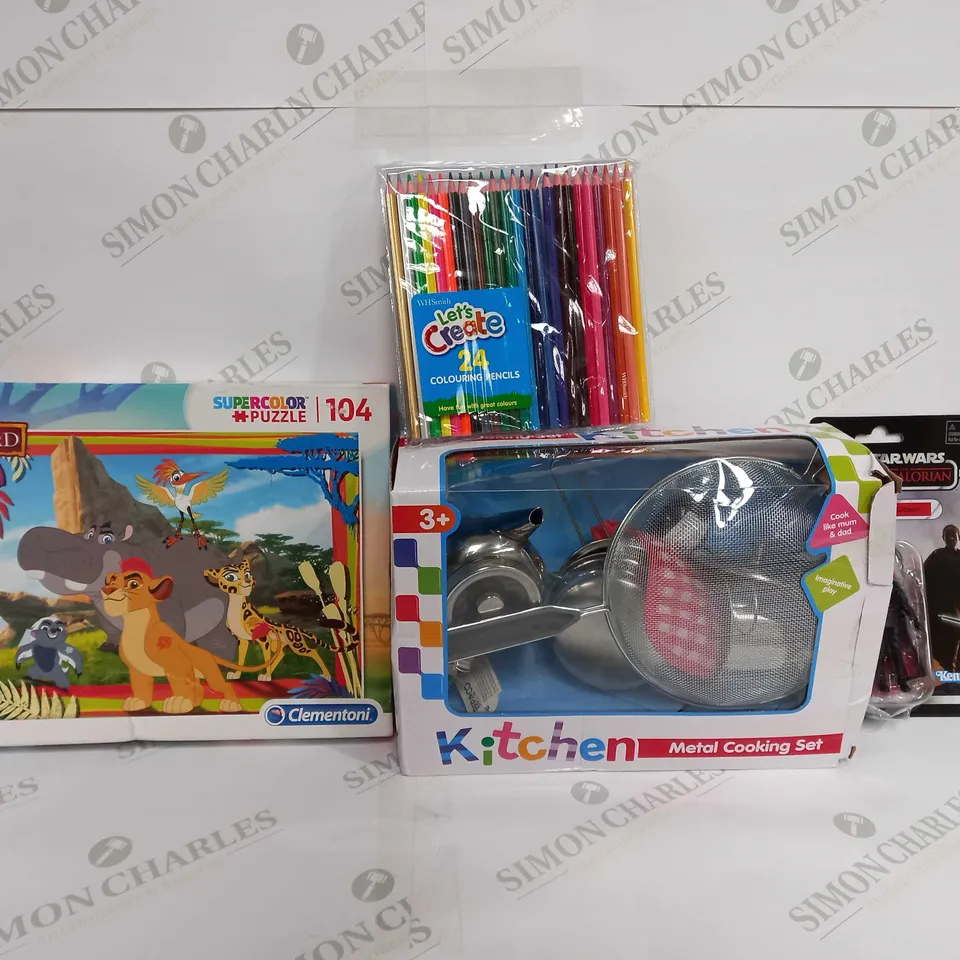 BOX OF APPROX 15 ASSORTED ITEMS TO INCLUDE - DISNEY JUNIOR THE LION GUARD JIGSAW PUZZLE - WHSMITHS COLOURING PENCILS - KITCHEN METAL COOKING KIDS SET ECT