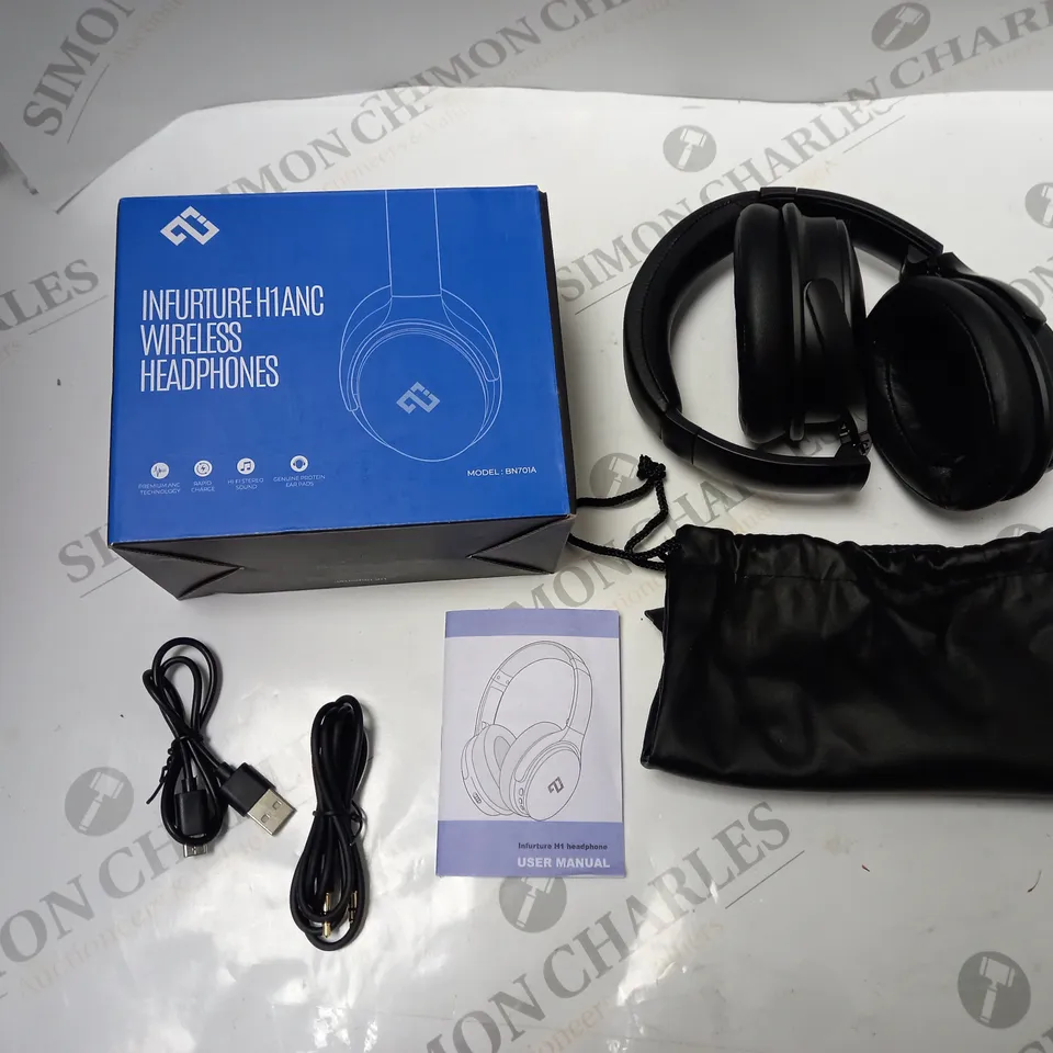 BOXED INFUTURE WIRELESS BLUETOOTH HEADPHONES - MODEL BN701A - WITH CARRY BAG, AUDIO/USB CABLES AND INSTRUCTIONS