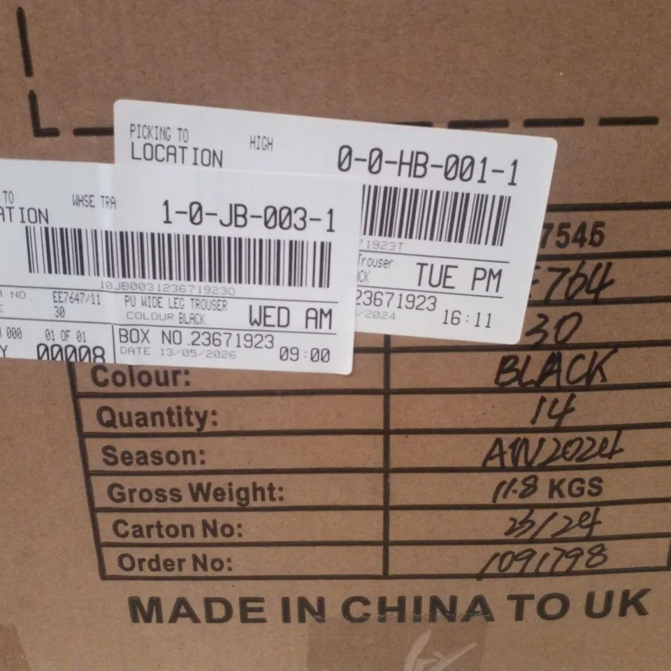 BOX CONTAINING APPROXIMATELY 8 BRAND NEW JD WILLIAMS BLACK PU WIDE LEG TROUSERS - SIZE 30