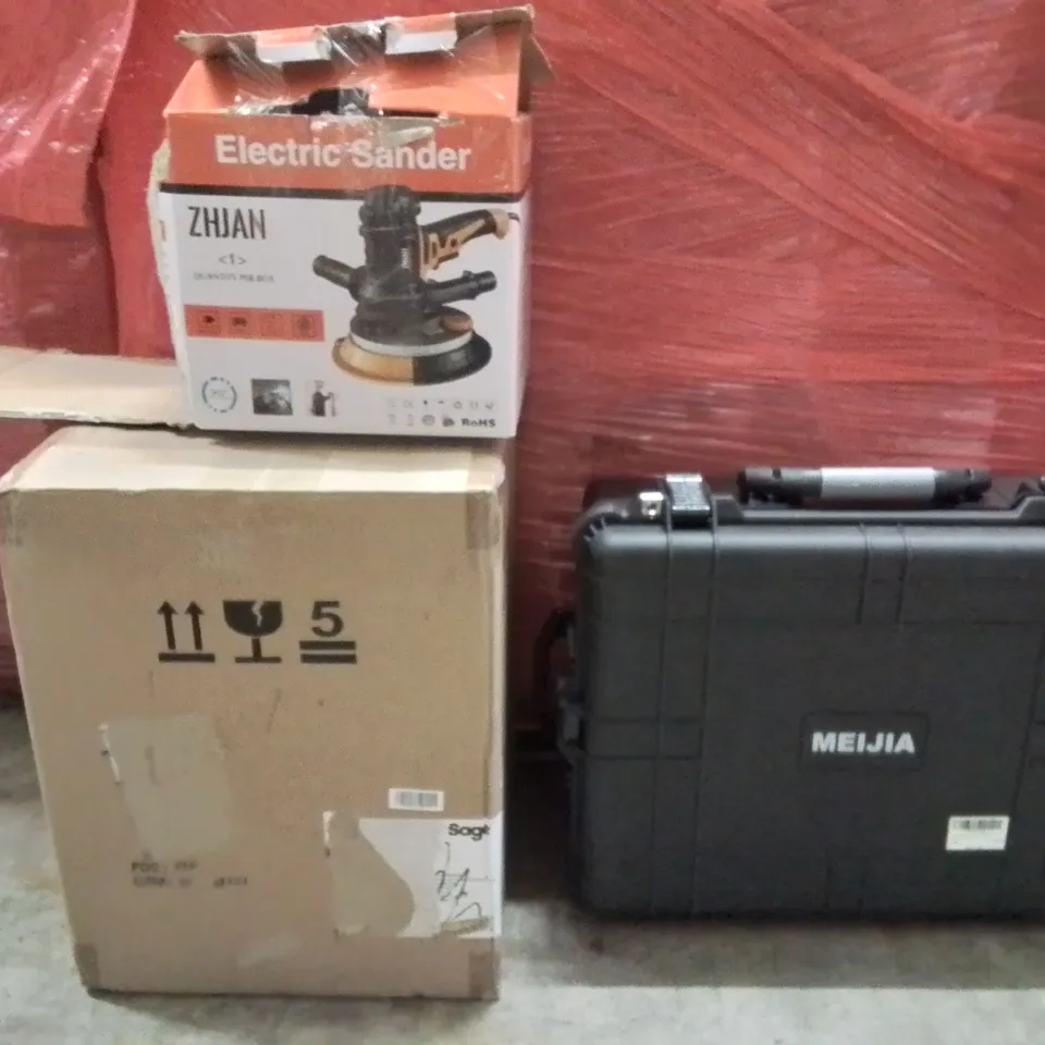 PALLET OF ASSORTED HOUSEHOLD GOODS AND PRODUCTS TO INCLUDE;JUICER,ELECTRIC SANDER,MEIJA PROTE