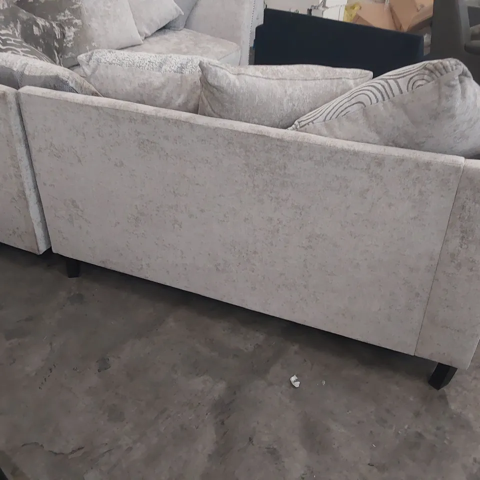 DESIGNER CORNER GROUP SILVER FABRIC WITH SCATTER CUSHIONS & STUDDED DETAIL