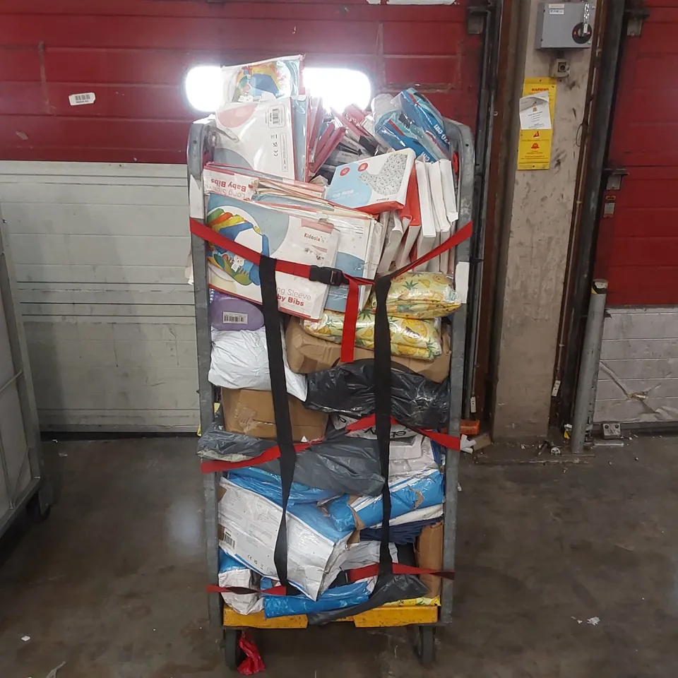 CAGE OF ASSORTED CONSUMER PRODUCTS INCLUDING: BABY BIBS, PET COOLING MATS, FOAM ROLLER ECT // CAGE NOT INCLUDED 