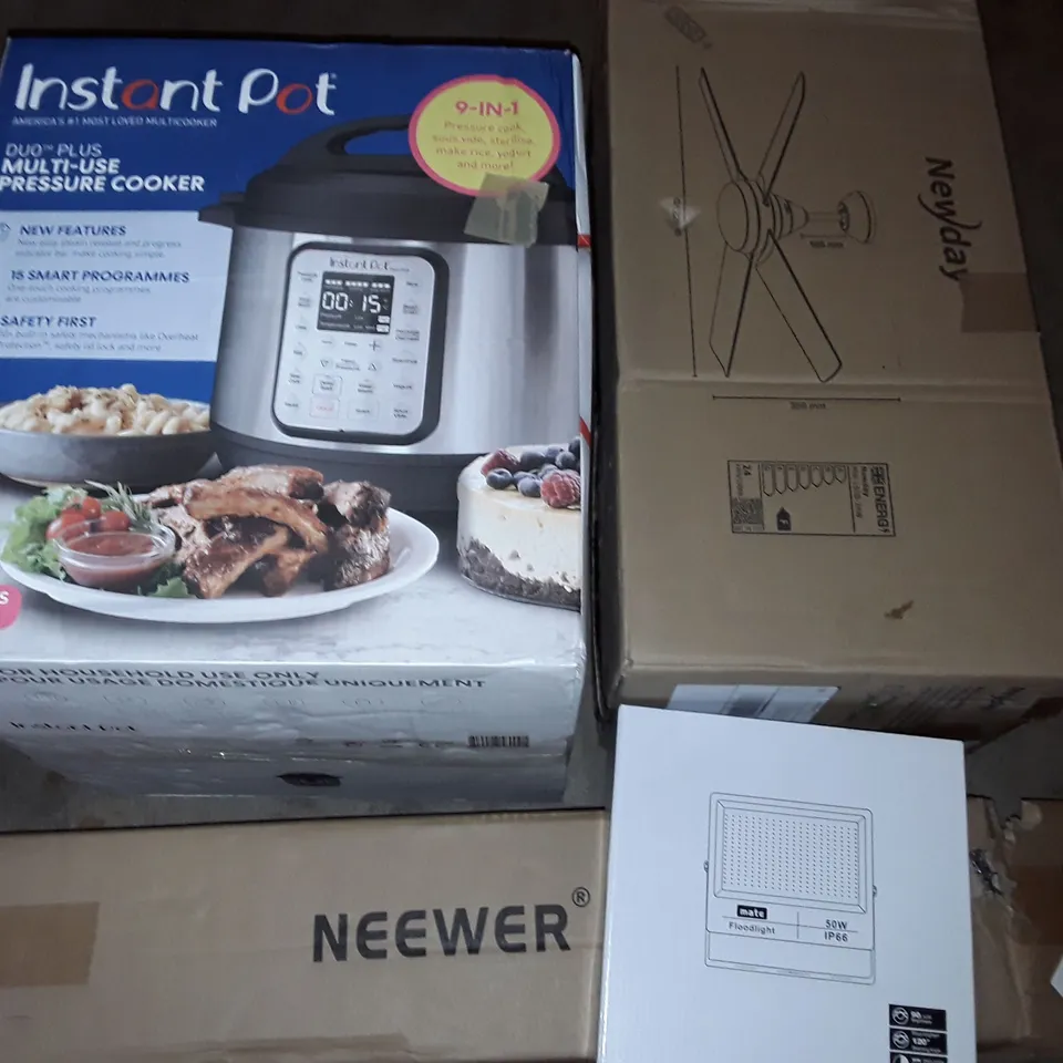 UNPROCESSED PALLET OF ASSORTED ITEMS TO INCLUDE INSTANTPOT AIR FRYER NEW DAY CEILING FAN AND NEEWER STAND