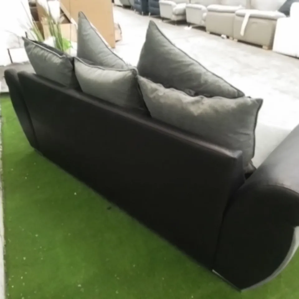 DESIGNER GREY FABRIC AND BLACK SUEDE EFFECT THREE SEATER SOFA WITH CHROME FEET