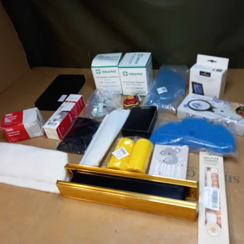 LOT OF ASSORTED HOUSEHOLD ITEMS TO INCLUDE DRESSINGS, PACIFIER CHAIN AND DOOR LOCKS