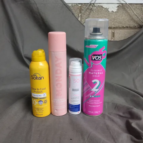 APPROXIMATELY 15 ASSORTED AEROSOLS TO INCLUDE SOLTAN SUNCARE MIST, MONDAY DRY SHAMPOO AND VO5 HAIRSPRAY