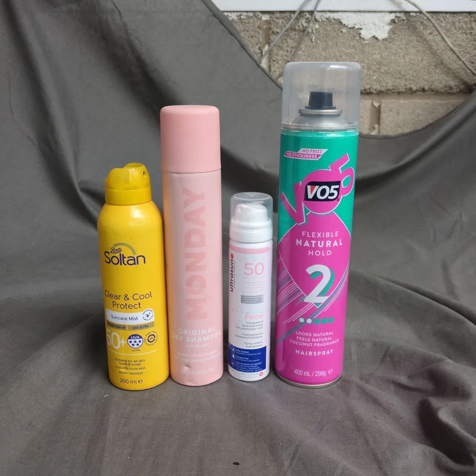 APPROXIMATELY 15 ASSORTED AEROSOLS TO INCLUDE SOLTAN SUNCARE MIST, MONDAY DRY SHAMPOO AND VO5 HAIRSPRAY
