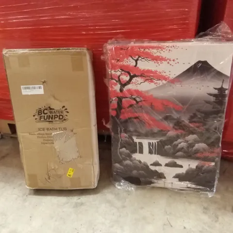 PALLET OF ASSORTED HOUSEHOLD GOODS AND PRODUCTS TO INCLUDE; ICE BATH TUB, CANVAS ART PIECE, AIR FRYER ETC