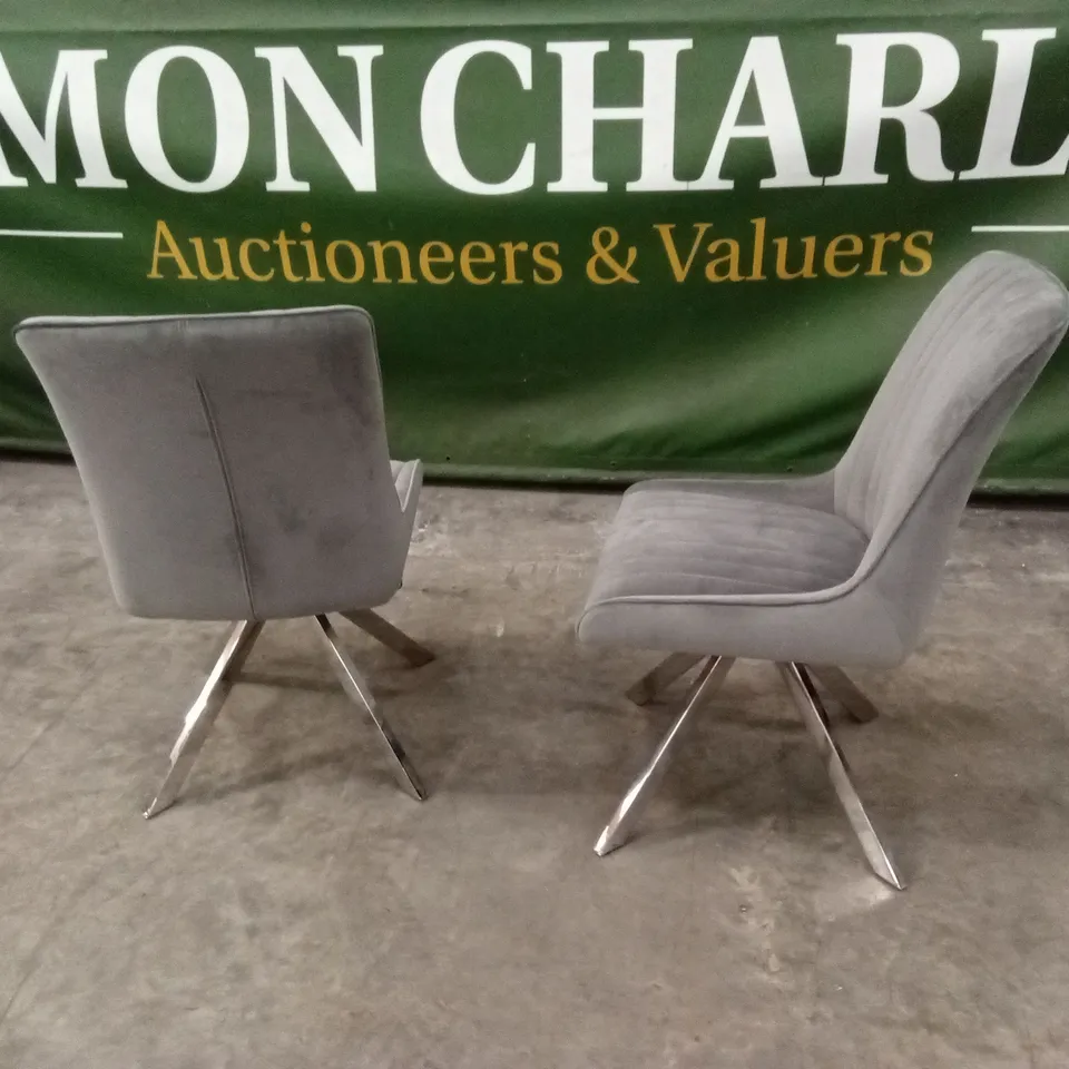 SET OF 2 DESIGNER GREY VELVET DINING CHAIRS WITH CHROME LEGS