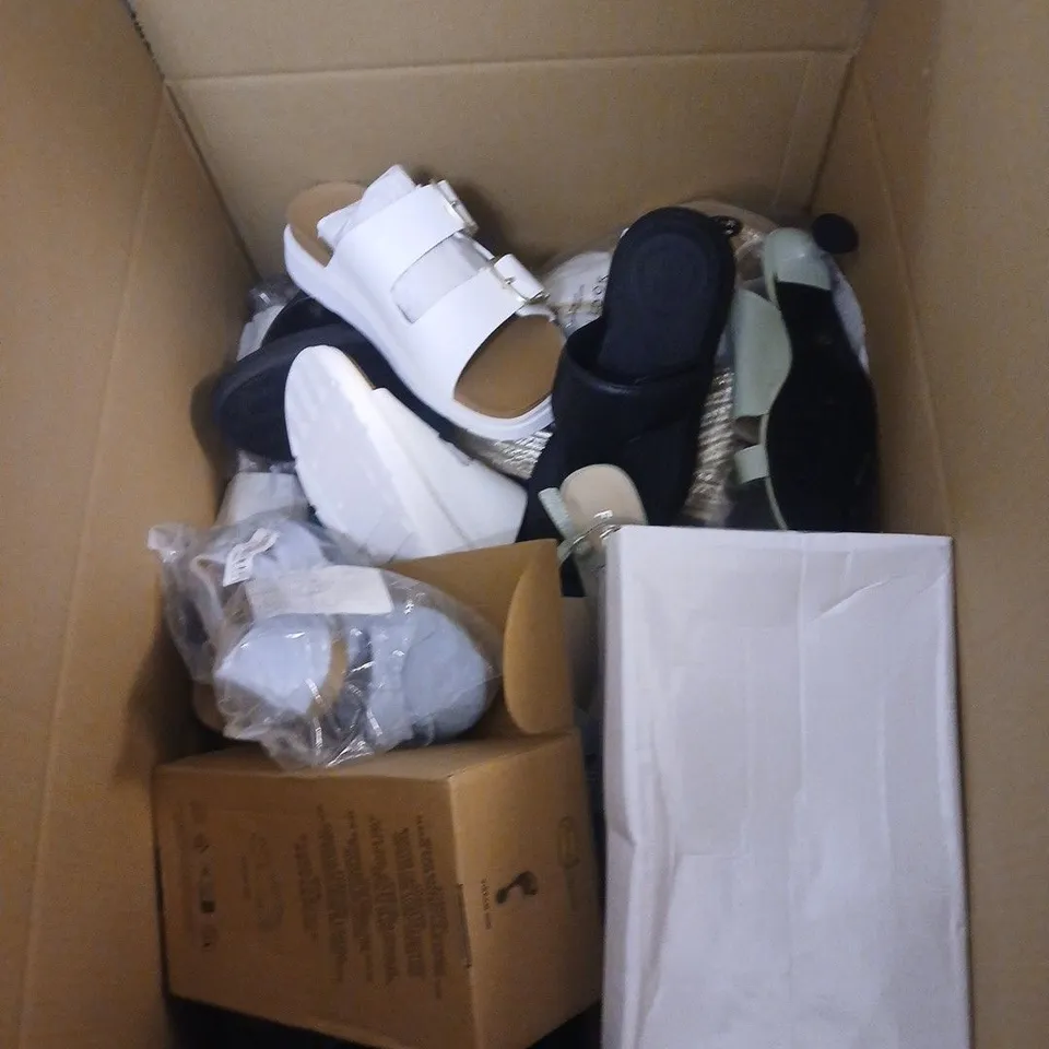 BOX OF APPROXIMATELY 12 PAIRS OF ASSORTED SHOES IN VARIOUS STYLES , COLOURS AND SIZES 
