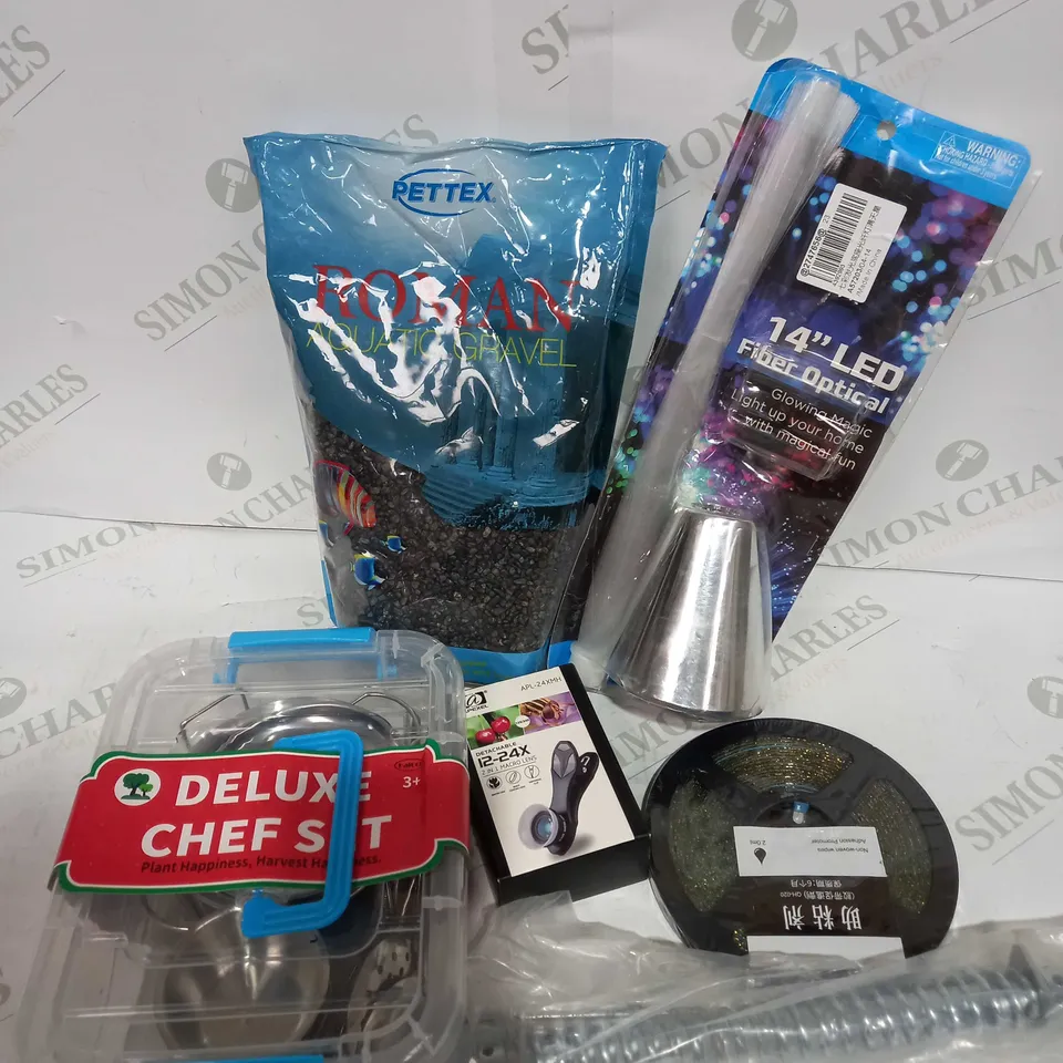 BOX TO CONTAIN APPROX 15 X ASSORTED HOUSEHOLD PRODUCTS, INCLUDES AQUATIC GRAVEL, CHEF SET, LED FIBER OPTICAL