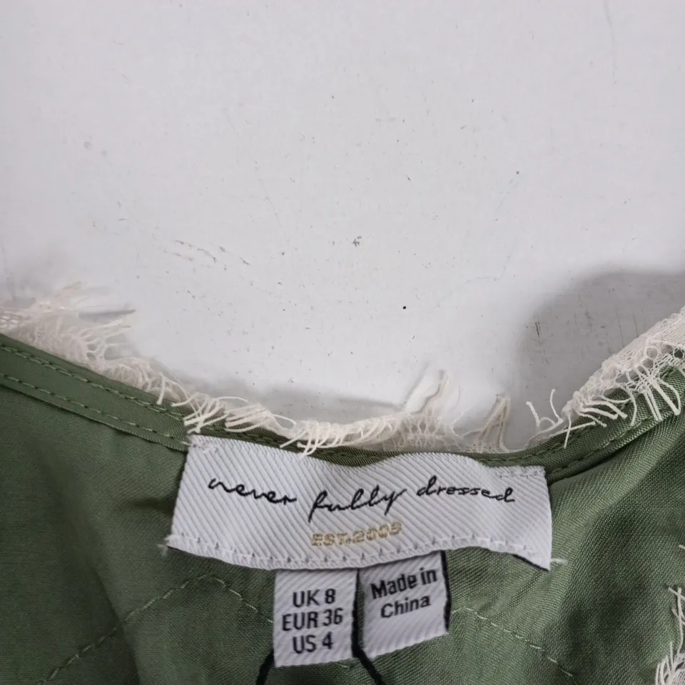 NEVER FULLY DRESSED GREEN DRESS, UK 8 (EU 36, US 4) WITH LACE DETAILING