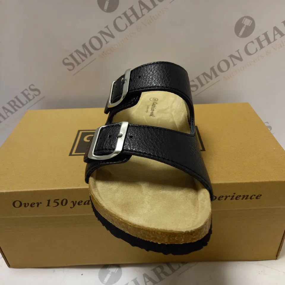 BOXED CUSHION WALK DOUBLE BUCKLE MULES, BLACK - SIZE 5 