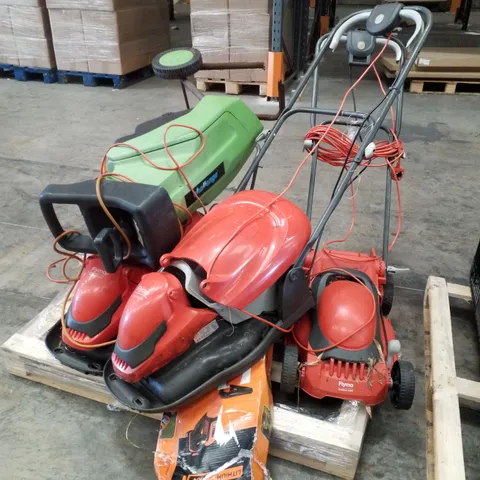 PALLET CONTAINING 3 FLYMO LAWNMOWERS, 28CM STRIMMER & IMPACT GARDEN SHREDDER