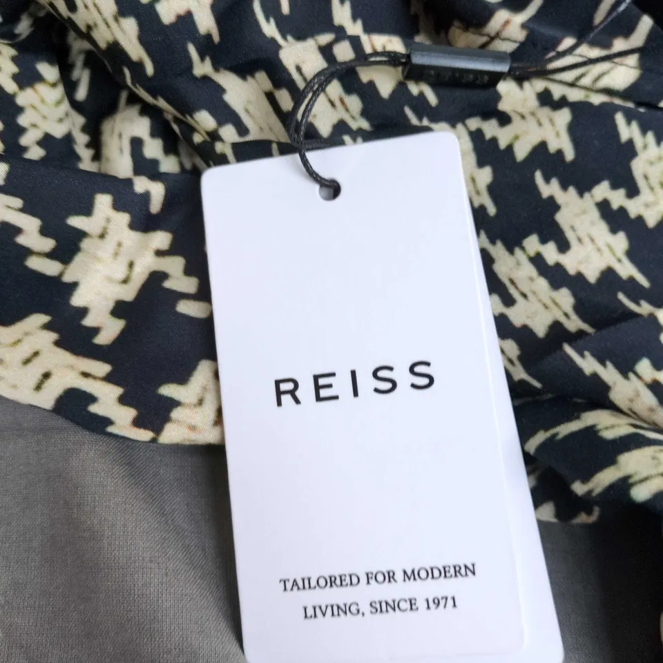 REISS WOMEN'S DRESS – BLACK & IVORY ABSTRACT PRINT, LONG SLEEVES, TIE-WAIST (UK 8)