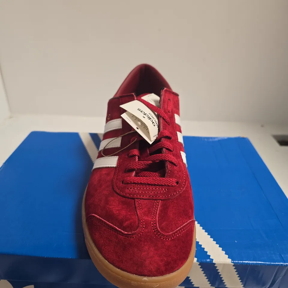 BOXED PAIR OF ADIDAS HAMBURG RED SUEDE SNEAKERS – UK 13 – MEN'S