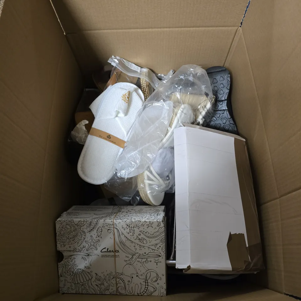 BOX OF APPROXIMATELY 15 PAIRS OF ASSORTED SHOES IN VARIOUS COLOUR, STYLES AND SIZES