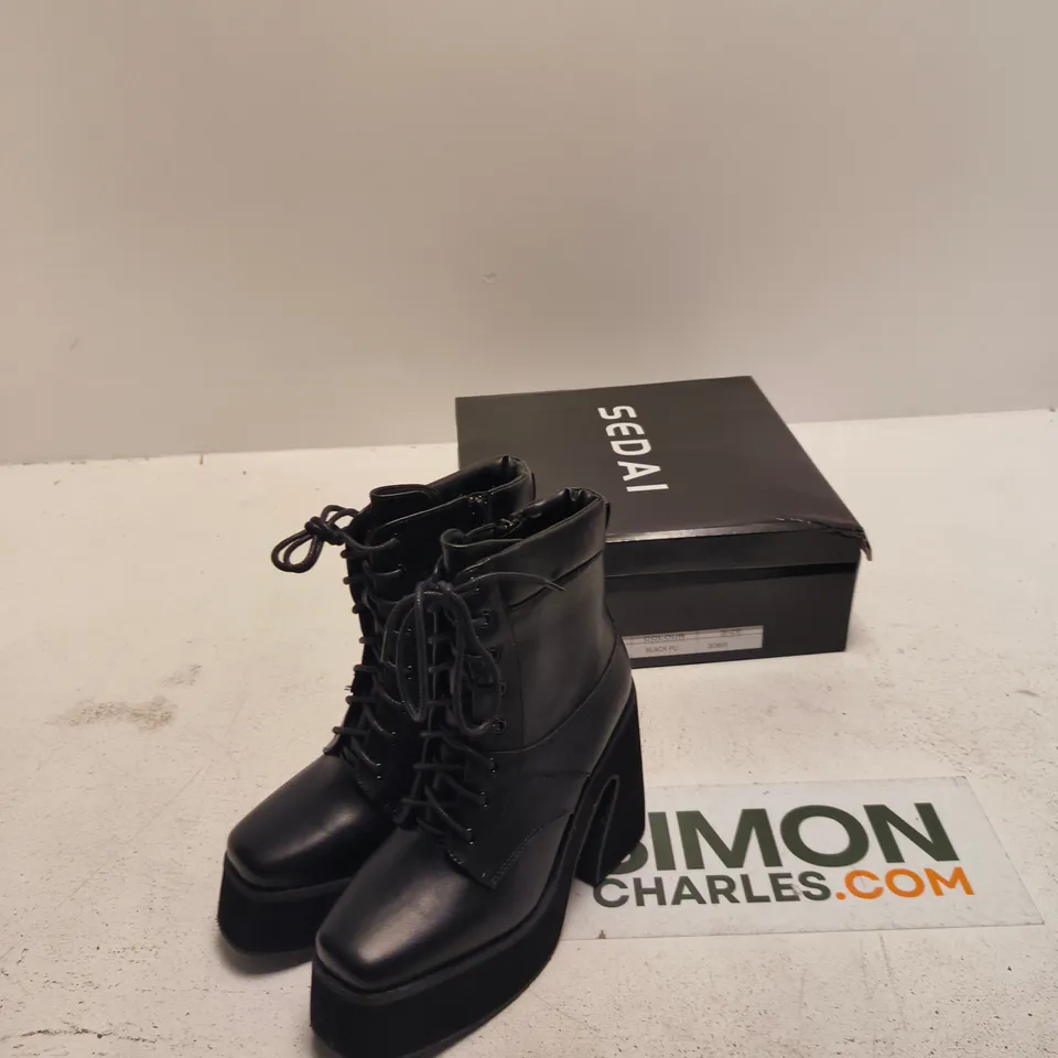 SEDAI BLACK PU LEATHER PLATFORM LACE-UP BOOTS – UK 3 (EU 36)
