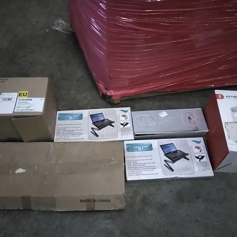 PALLET OF ASSORTED ITEMS INCLUDING MICROWAVE OVEN RACK, MULTIFUNCTIONAL LAPTOP TABLE, SMART LIFE SMART LED CEILING LIGHT, TROTRONICS AIR PURIFIER, OPEN LARGE BIN, FITNESS HOOP