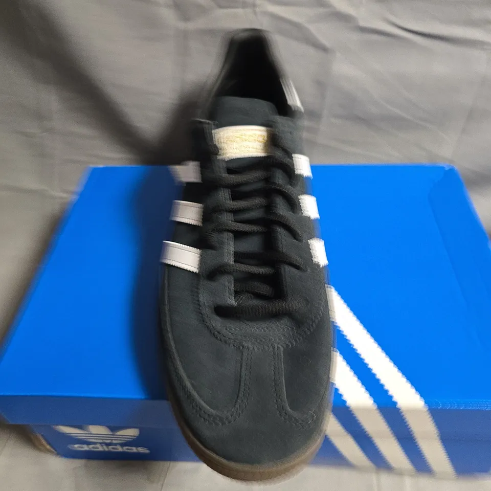 ADIDAS HANDBALL SPEZIAL SNEAKERS – BLACK SUEDE WITH WHITE STRIPES, UK 11 (DB3021)