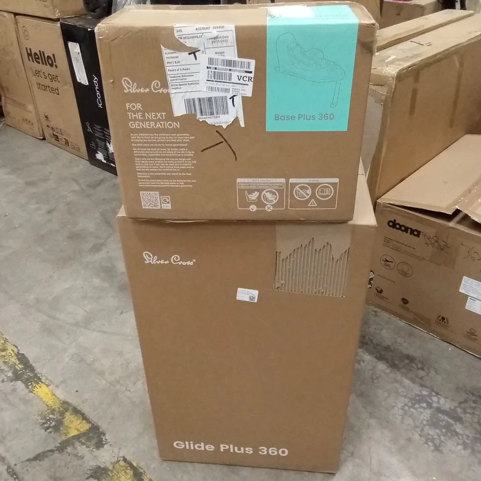 BOXED SILVER CROSS GLIDE PLUS 360 I-SIZE CAR SEAT AND BASE (2 BOXES)