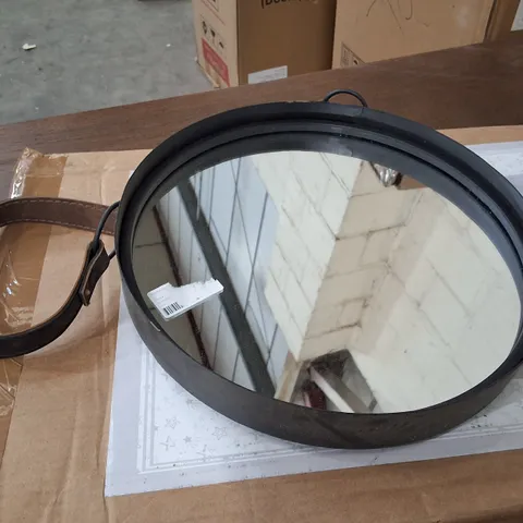 MARSTON WALL HANGING MIRROR WITH BLACK FRAME & LEATHER STRAP 30CM
