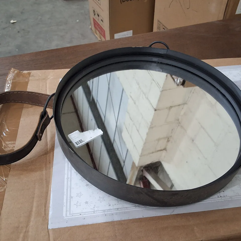 MARSTON WALL HANGING MIRROR WITH BLACK FRAME & LEATHER STRAP 30CM
