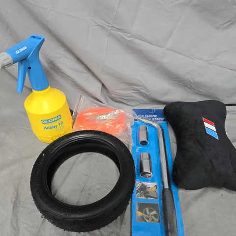 APPROXIMATELY 15 ASSORTED VEHICLE PARTS/ACCESSORIES TO INCLUDE WRENCH KIT, AIR REFINER, SEAT CUSHION ETC 