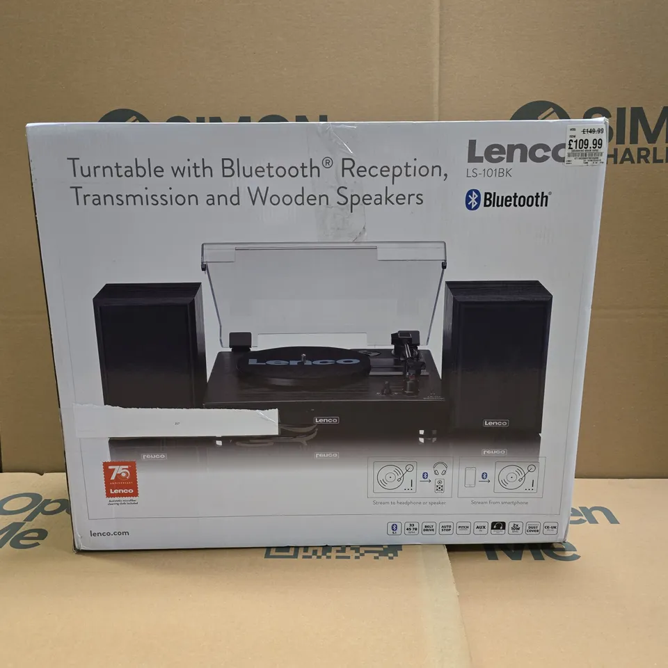 BOXED LENCO LS-101BK TURNTABLE WITH BLUETOOTH AND WOODEN SPEAKERS