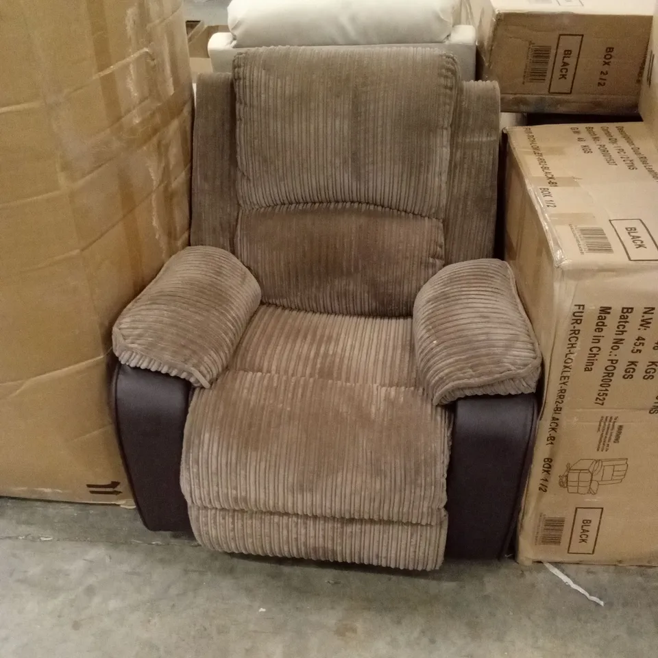 DESIGNER BROWN FAUX LEATHER & CORDUROY FABRIC ELECTRIC RECLINER CHAIR 