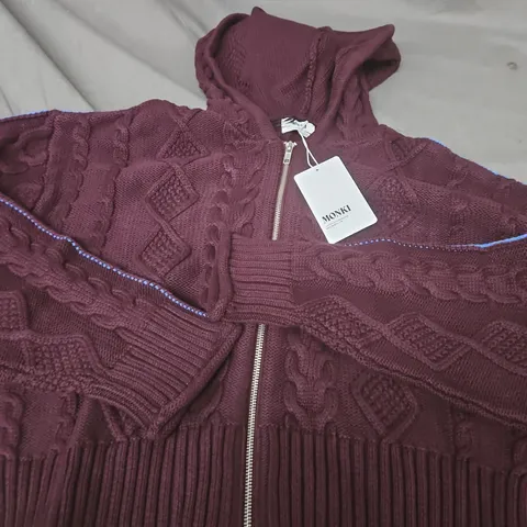 MONKI BURGUNDY KNIT ZIP HOODIE CARDIGAN – L