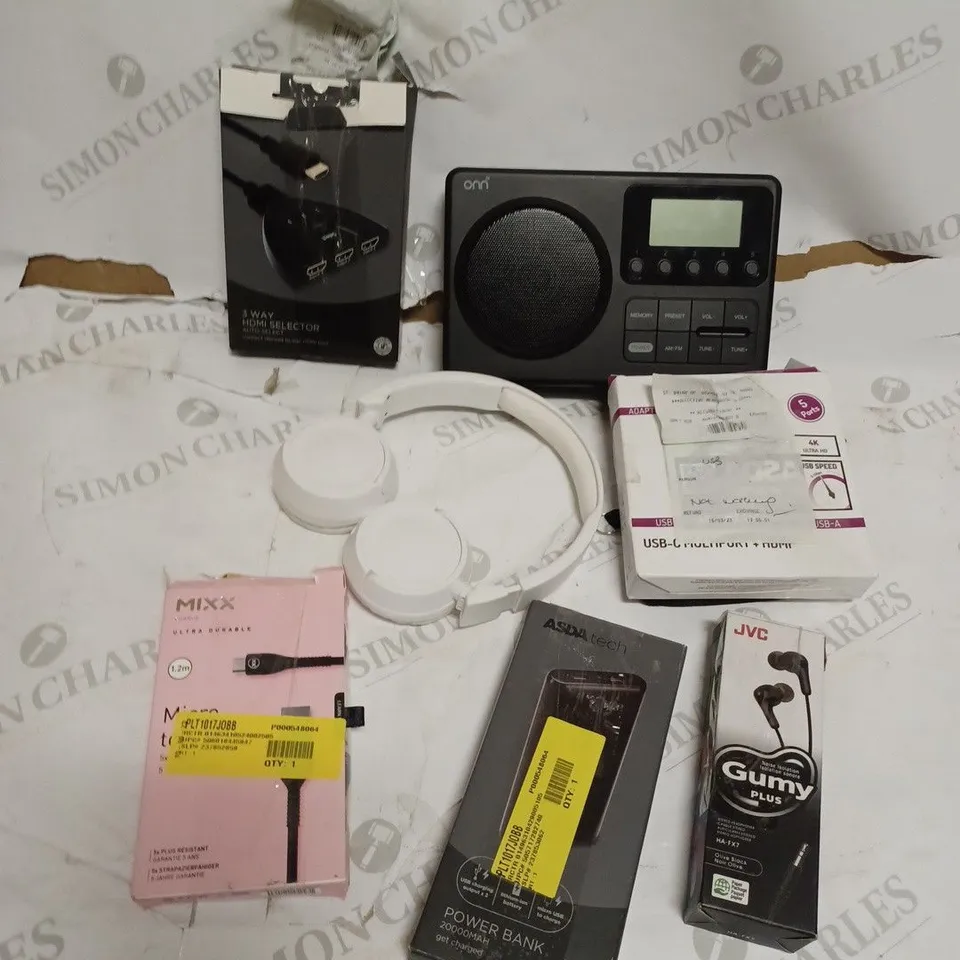BOX OF ASSORTED ASDA ELECTRICALS INCLUDING - 3 WAY HDMI SELECTOR, RADIO, POWER BANK, HEADPHONES