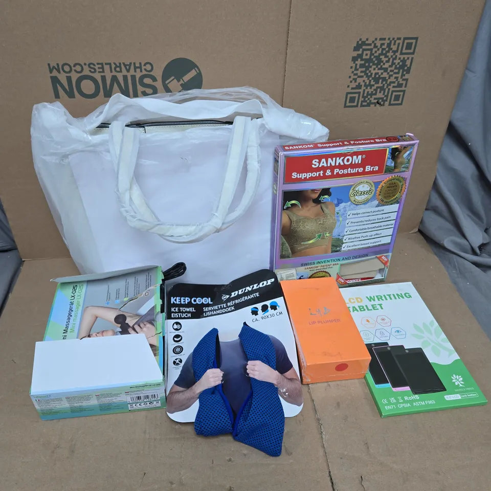 APPROXIMATELY 20 ASSORTED ITEMS TO INCLUDE DUNLOP ICE TOWEL, SANKOM SUPPORT & POSTURE BRA, LCD WRITING TABLET, ETC