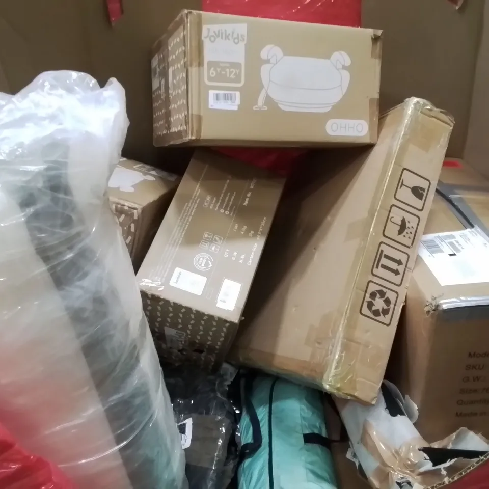 PALLET CONTAINING VARIOUS ASSORTED BOXED HOUSEHOLD ITEMS TO INCLUDE: CHILDREN'S BOOSTER SEATS, ROLLED MATTRESS, CAMPING CHAIR AND LOTS MORE UNMARKED BOXED ITEMS 