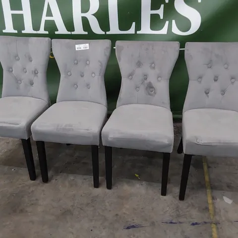 SET OF FOUR UPHOLSTERED BUTTONED RING BACK DINING CHAIRS GREY PLUSH FABRIC ON BLACK LEGS