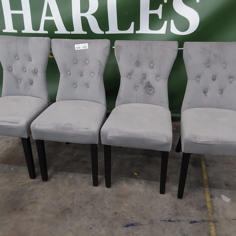 SET OF FOUR UPHOLSTERED BUTTONED RING BACK DINING CHAIRS GREY PLUSH FABRIC ON BLACK LEGS