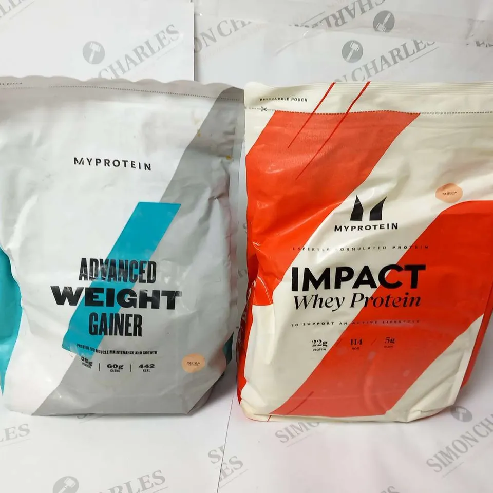 TWO BAGS OF MYPROTEIN 2.5KG PRODUCTS TO INCLUDE; IMPACT WHEY PROTEIN AND ADVANCED WEIGHT GAINER