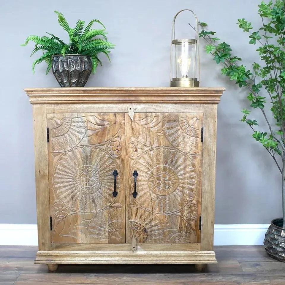 BOXED SIDEBOARD - CARVED MANGO WOOD - 2 DOOR - SMALL - 91CM